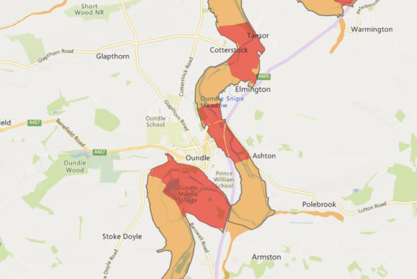 Flood Warning in force: Areas near the River Nene from Thorpe Waterville to Eaglethorpe.